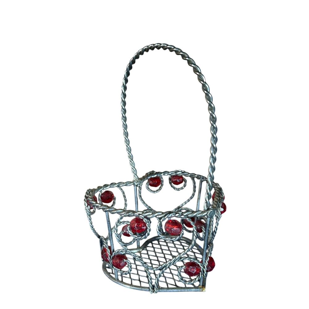American VTG Mini Silver Tone Metal heart shaped Basket Red Bead Details 5x3"